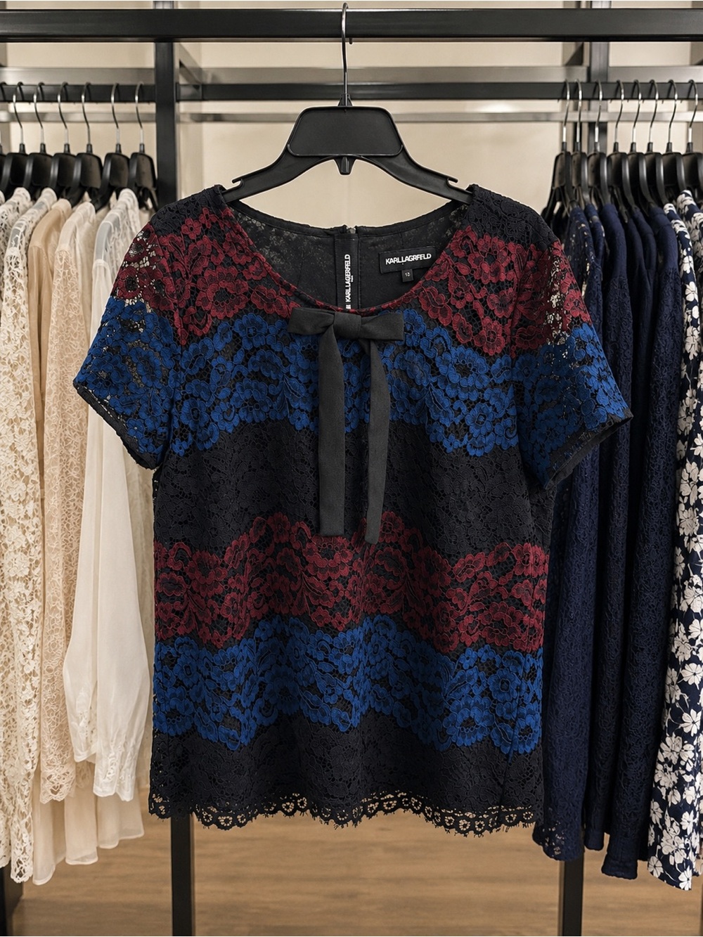 Karl Lagerfeld Black Lace Top with Burgundy and Blue Striped Panels and Bow